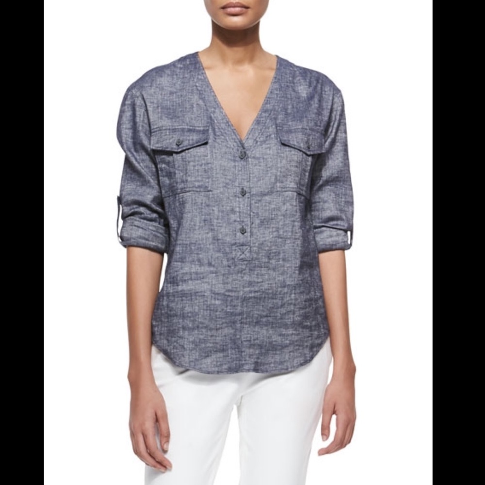 Theory Trisalta Tab-Sleeve Chambray Top